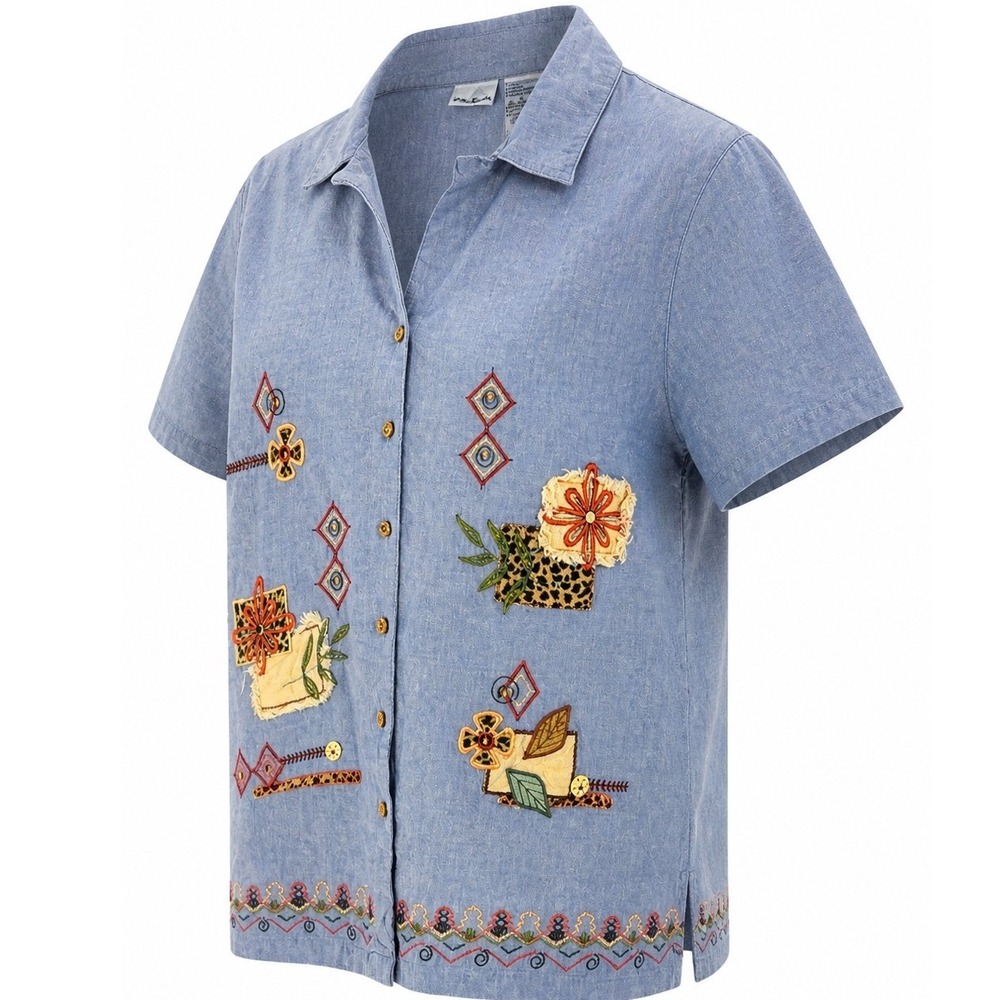 Bobbie Brooks Shirt Womens XL Embroidered Patchwork Blue Floral Regular Vintage